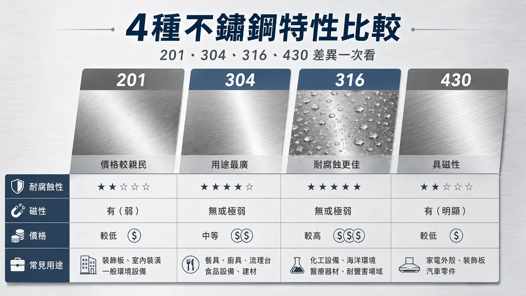 201、304、316、430 不鏽鋼特性比較