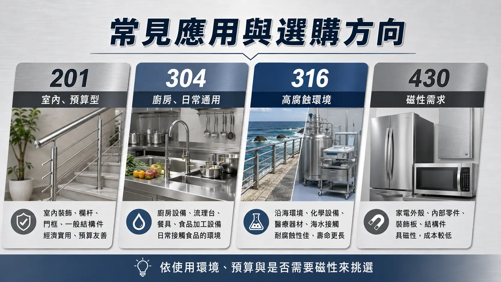 201、304、316、430 不鏽鋼選購方向