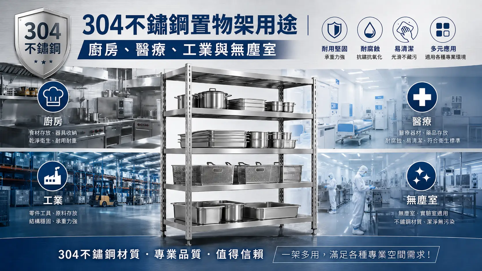 304不鏽鋼置物架用途|廚房、醫療、工業與無塵室